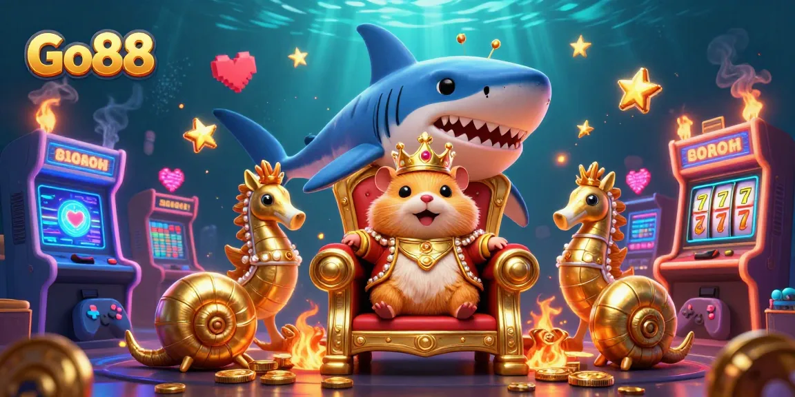 Go88's vibrant underwater casino scene showcases a golden hamster king amidst slot reels and arcade elements.