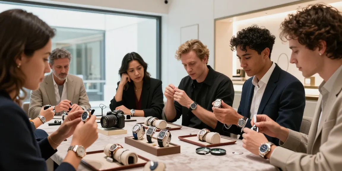 Engaged shoppers discussing super clone watches in an upscale boutique, highlighting luxury timepieces.