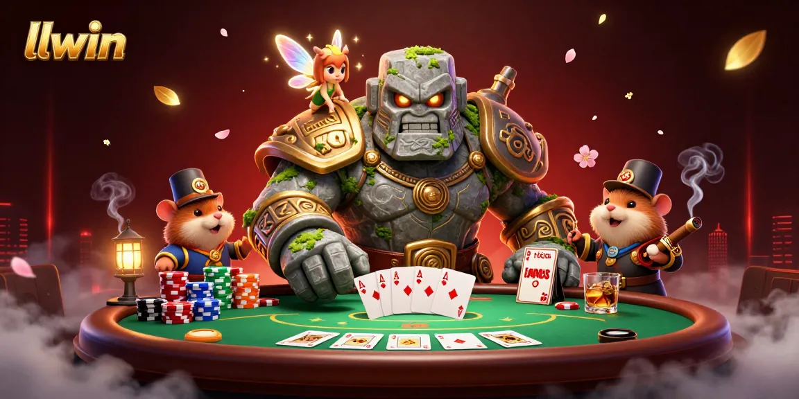 llwin showcases a vibrant casino scene featuring a magical golem, fairy, and hamster knight amidst poker excitement.