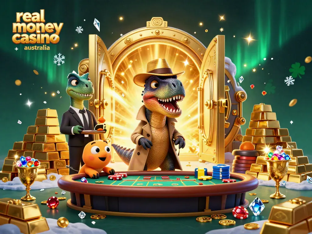 Watch a velociraptor sneak at a blackjack table in a vibrant real money casino australia scene.