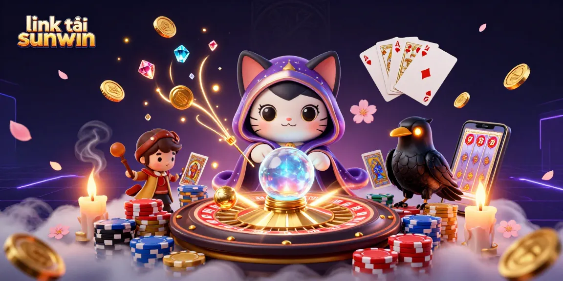 Join the excitement with link tải sunwin, featuring a mystical cat, raven, and vibrant casino elements!
