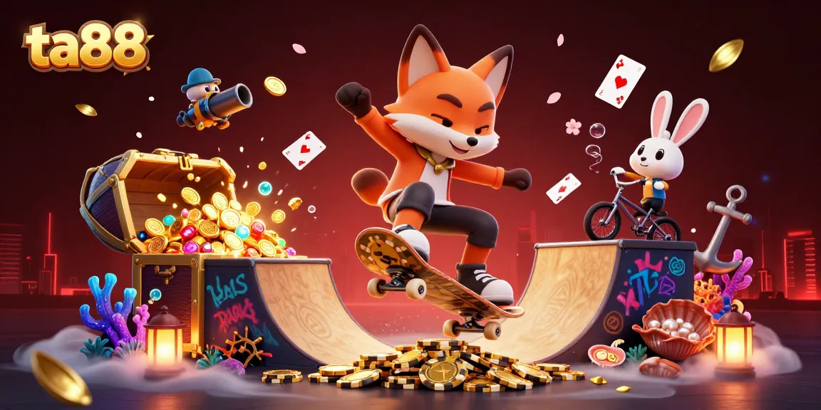 ta88 showcases vibrant casino illustration with a skateboarder fox and BMX rabbit in dynamic scene