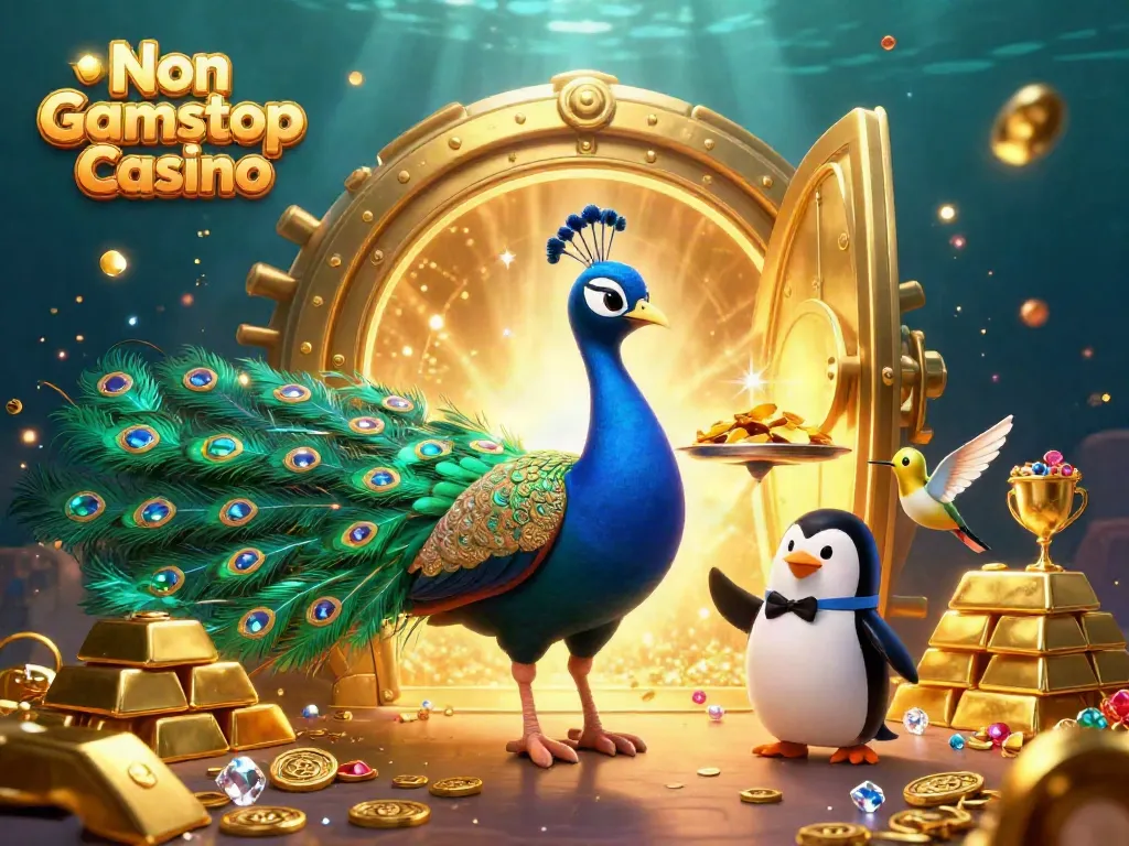 Experience the vibrant Non Gamstop Casino world with a peacock, penguin, and hummingbird amidst treasures.