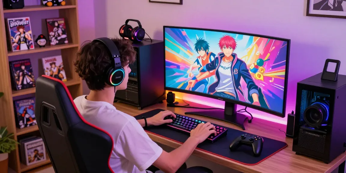 Gamer enjoying ecchi games in a cozy room with vibrant graphics and accessories.