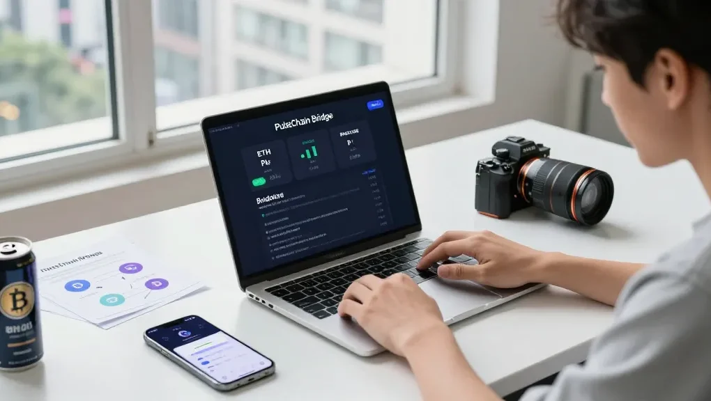 Engaging scene of a professional using the PulseChain Bridge for crypto transactions in a modern workspace.