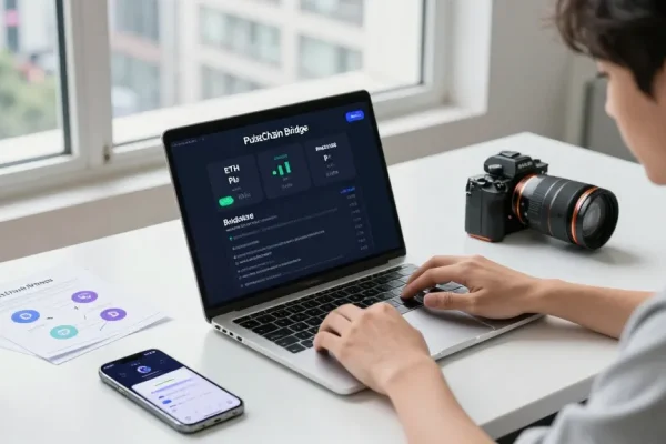 Engaging scene of a professional using the PulseChain Bridge for crypto transactions in a modern workspace.